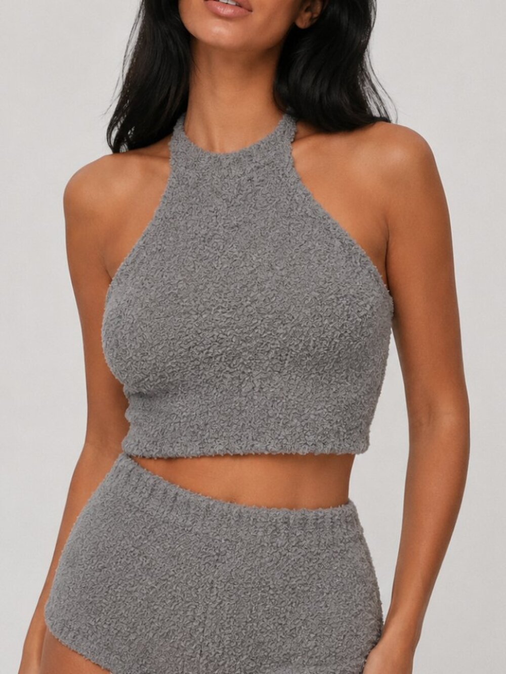 SKIMS Cozy Knit Halter Bra Top L/XL Smoke Gray Soft Lounge